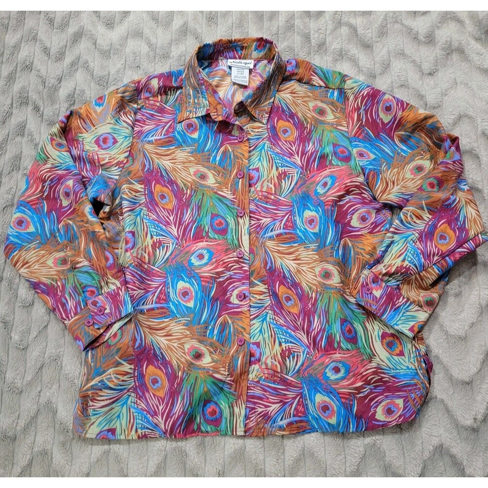 National Shop Womens 16P Peacock Feathers Art Wear Colorful Button Up L/S Shirt